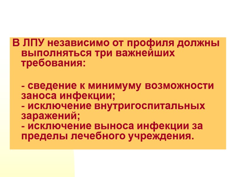 В ЛПУ независимо от профиля должны выполняться три важнейших требования:   - сведение